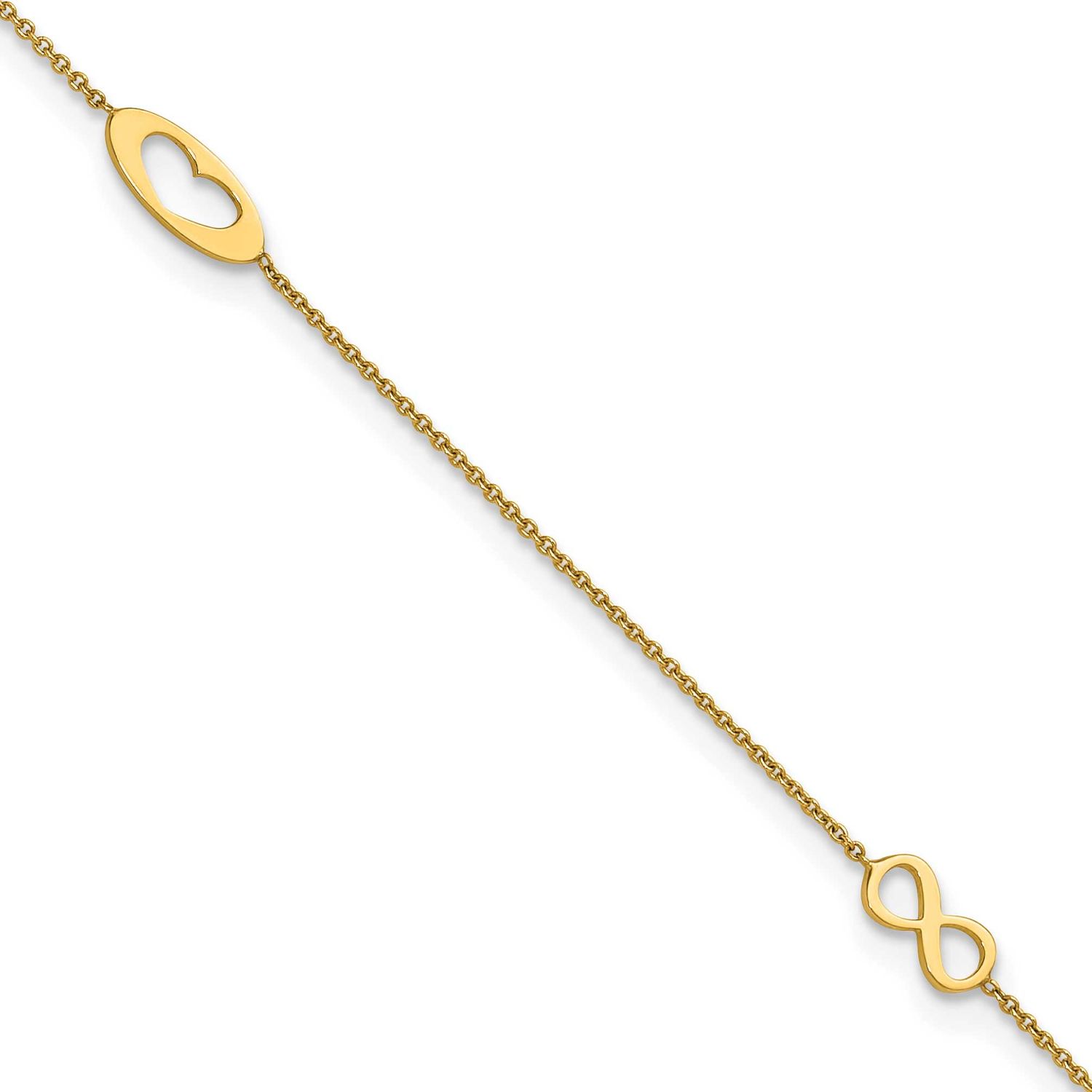 Infinity and Heart 9 Inch Plus 1 Inch Extension Anklet 14k Gold Polished, MPN: ANK357-9, UPC: