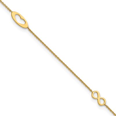 Infinity and Heart 9 Inch Plus 1 Inch Extension Anklet 14k Gold Polished, MPN: ANK357-9, UPC: