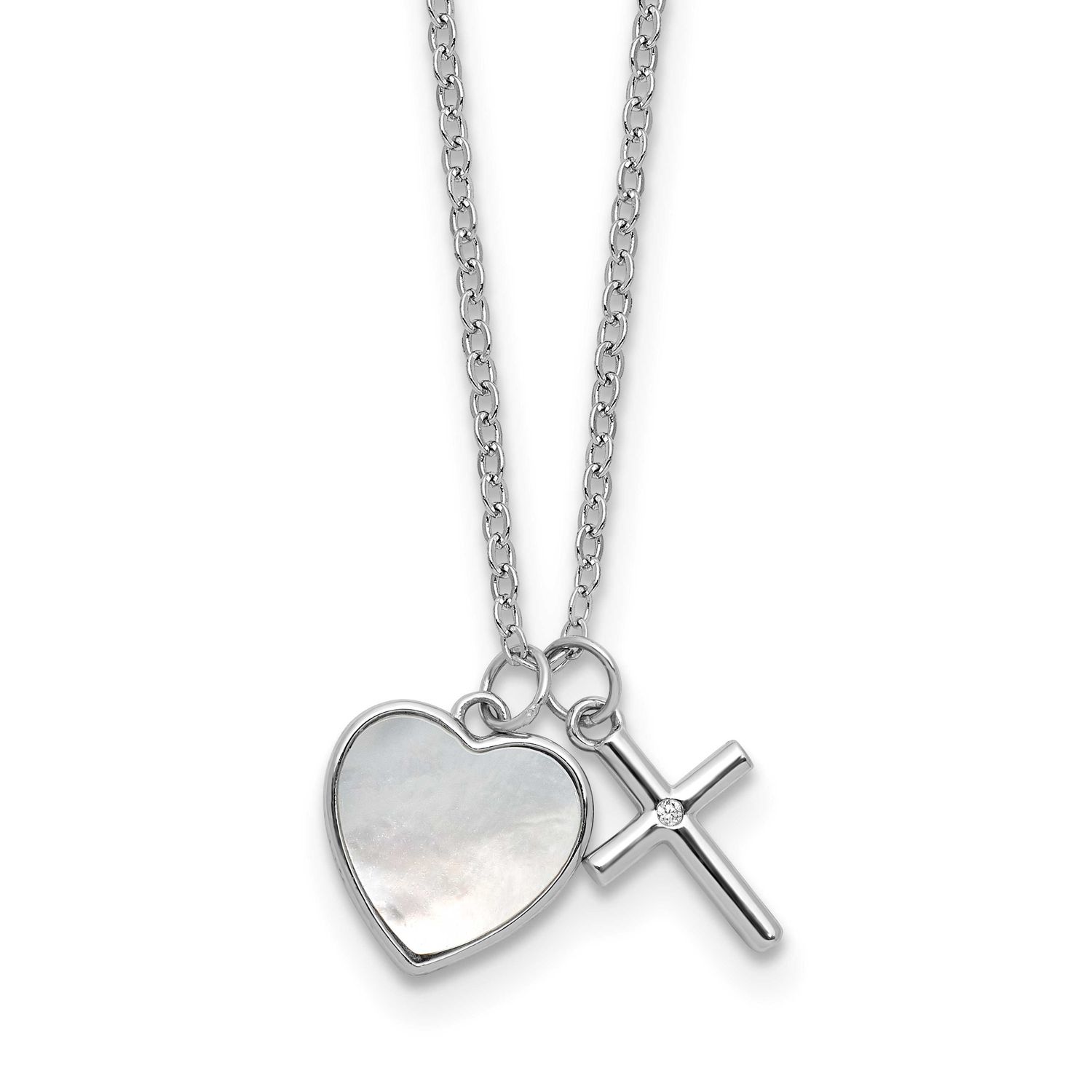 Mop and CZ Heart and Cross 14 Inch with 3 Inch Extension Children&#39;s Necklace Sterling Silver Rhodiu…