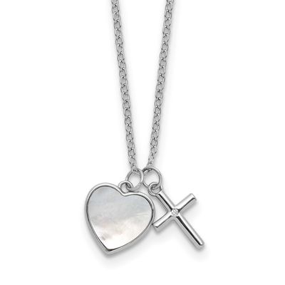 Mop and CZ Heart and Cross 14 Inch with 3 Inch Extension Children&#39;s Necklace Sterling Silver Rhodiu…