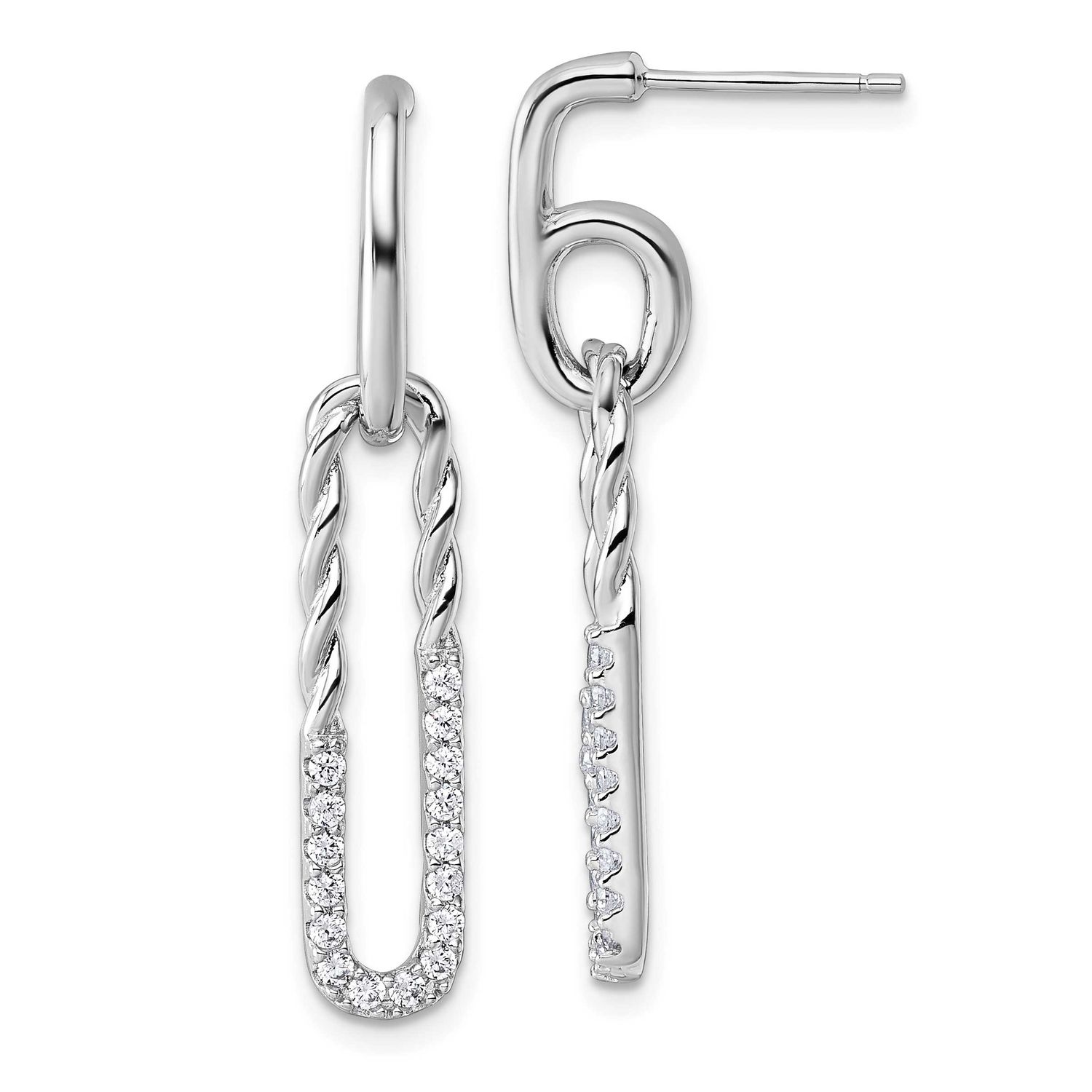 CZ Twisted Paper Clip Dangle Post Earrings Sterling Silver Rhodium-Plated, MPN: QE18061, UPC: