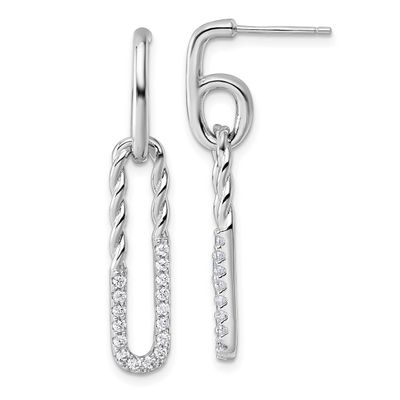 CZ Twisted Paper Clip Dangle Post Earrings Sterling Silver Rhodium-Plated, MPN: QE18061, UPC: