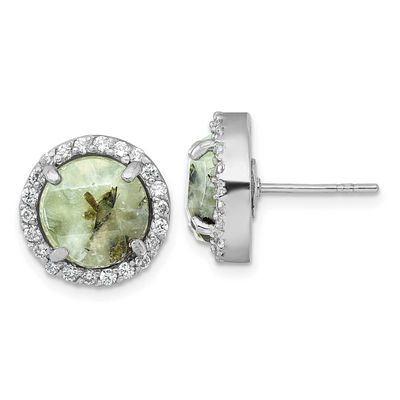 Polished CZ and Prehnite Circle Post Earring Sterling Silver Rhodium-Plated, MPN: QG7194E, UPC: