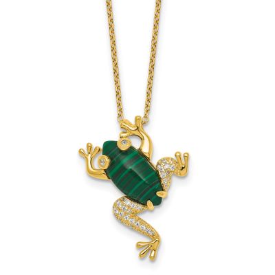 Gold Tone CZ and Lab Created Malachite Frog Necklace Sterling Silver, MPN: QG7087GP-18, UPC: