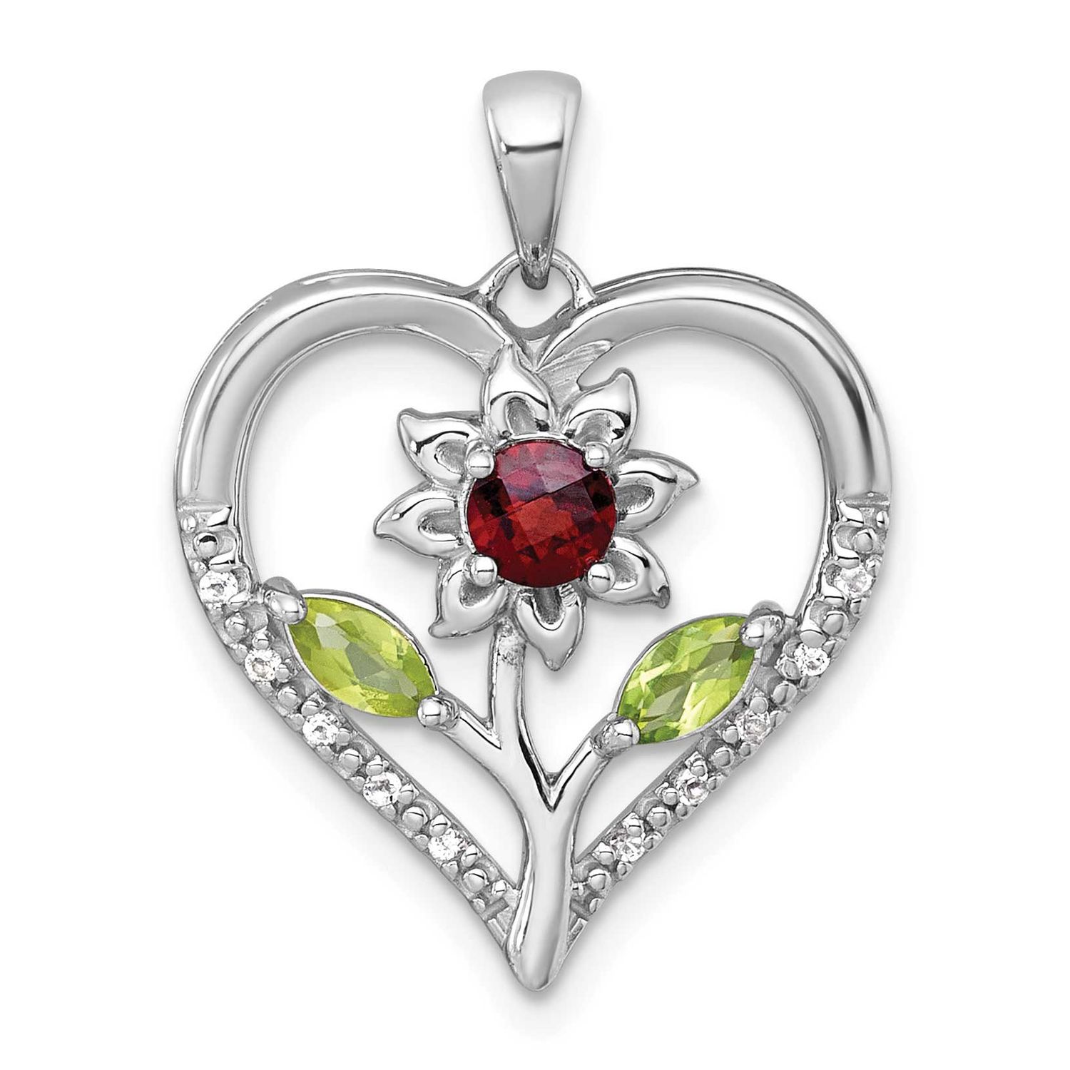 Polished Garnet Peridot and White Topaz Flower In Heart Pendant Sterling Silver Rhodium-Plated, MPN…