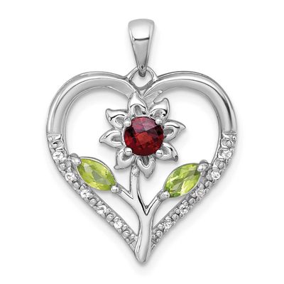 Polished Garnet Peridot and White Topaz Flower In Heart Pendant Sterling Silver Rhodium-Plated, MPN…