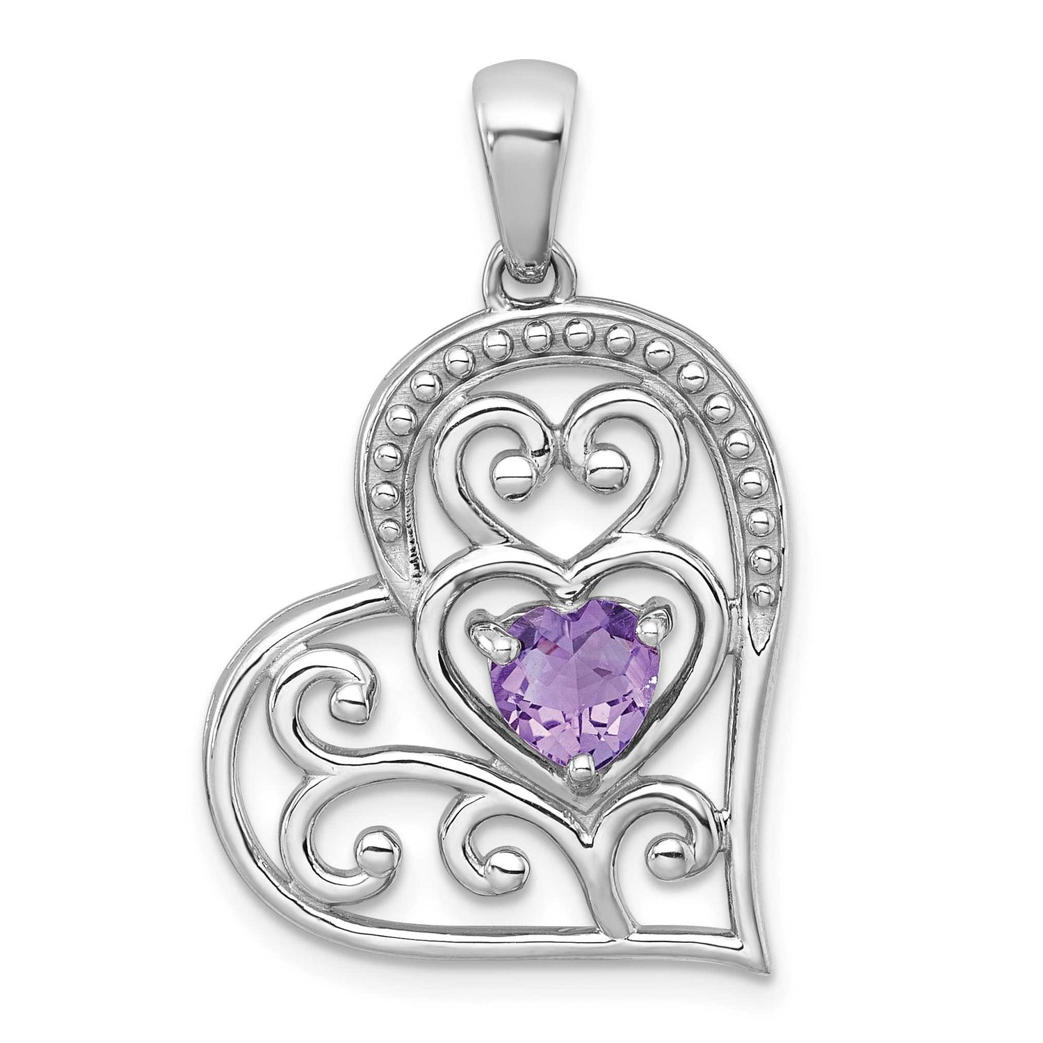Polished and Beaded Amethyst Filigree Heart Pendant Sterling Silver Rhodium-Plated, MPN: QP6013AM, …
