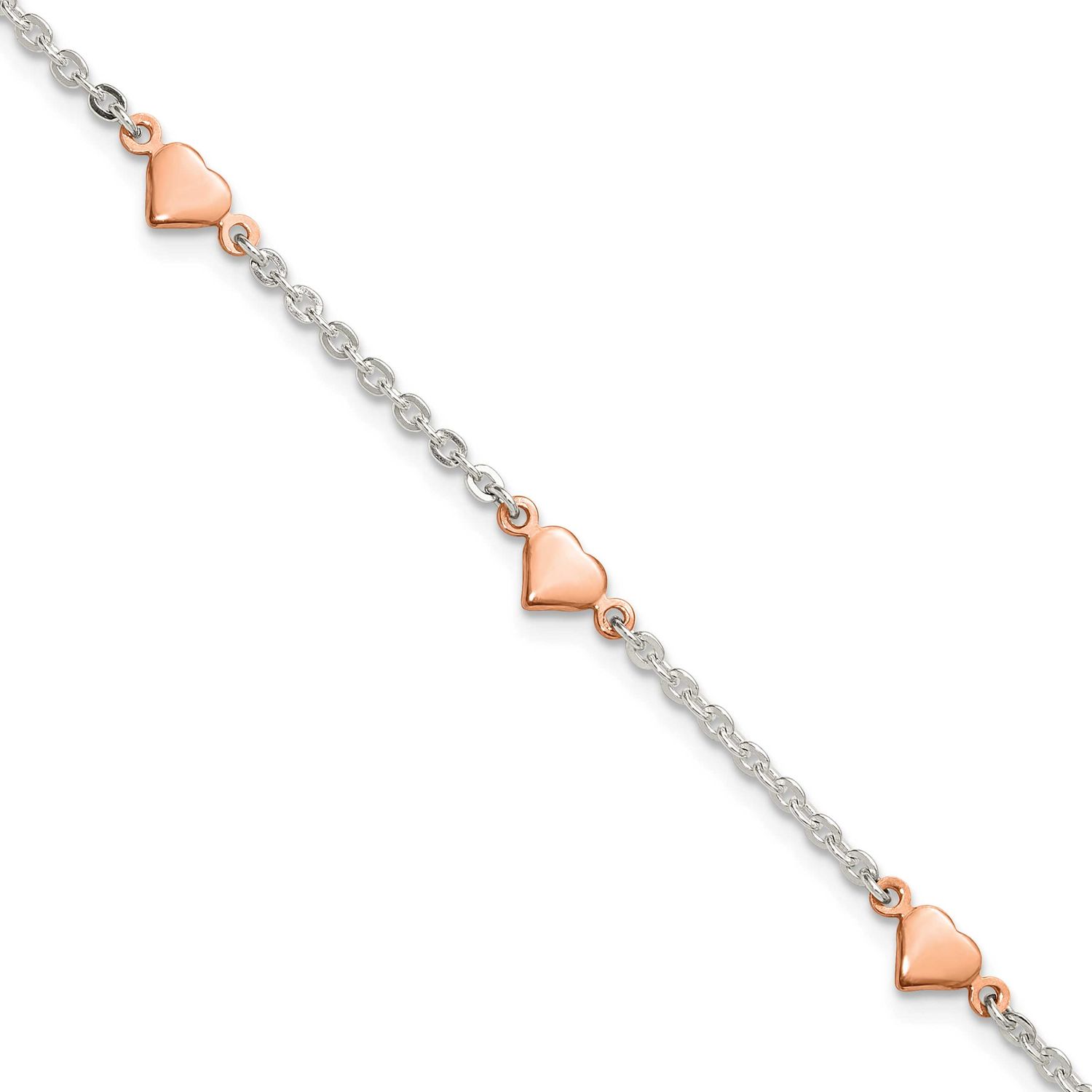 Rose-Tone Polished Hearts 9 Inch Plus 1 Inch Extension Anklet Sterling Silver, MPN: QG2812RP-9, UPC: