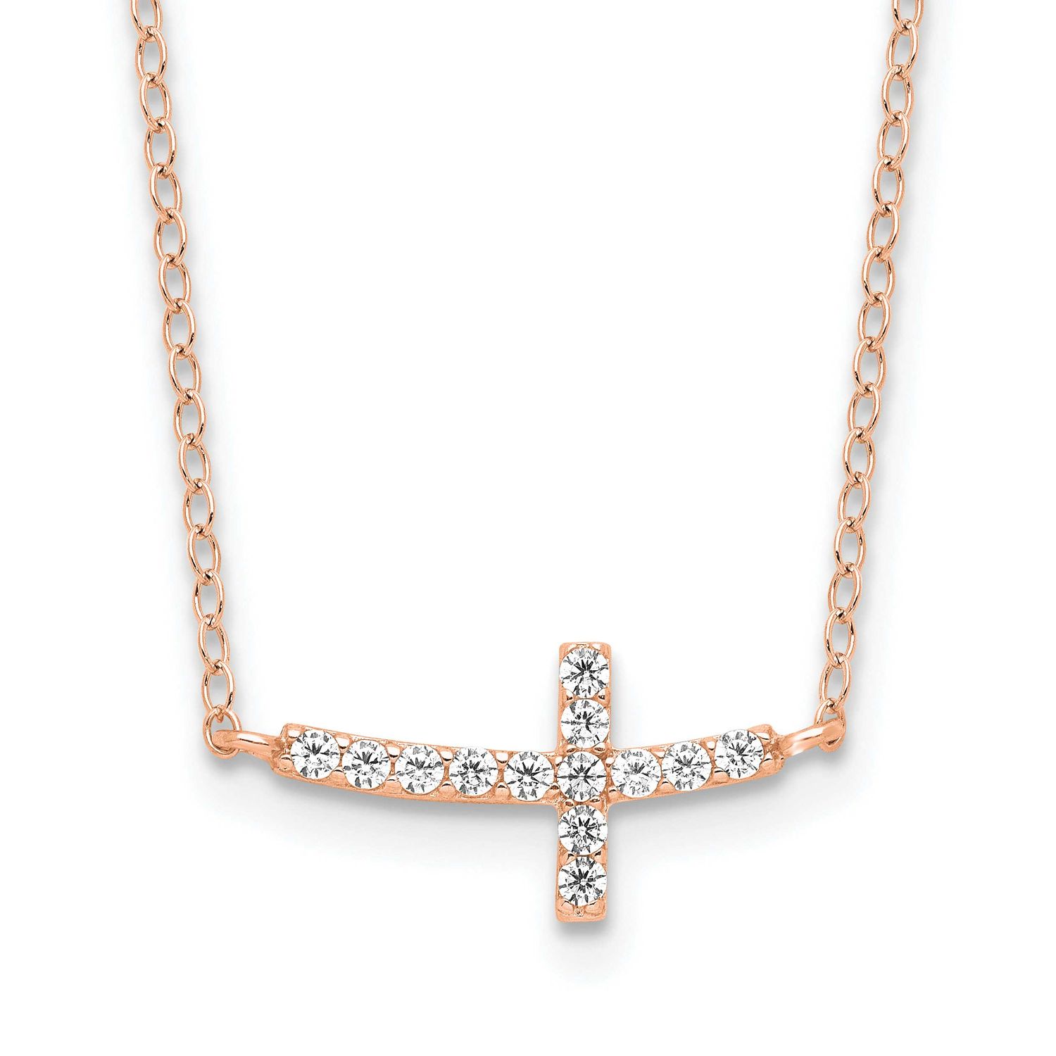 Rose Gold-Plated CZ Sideways Cross with 2 Inch Extension Necklace Sterling Silver, MPN: QG3476P-18,…