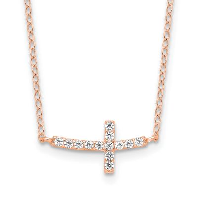 Rose Gold-Plated CZ Sideways Cross with 2 Inch Extension Necklace Sterling Silver, MPN: QG3476P-18,…