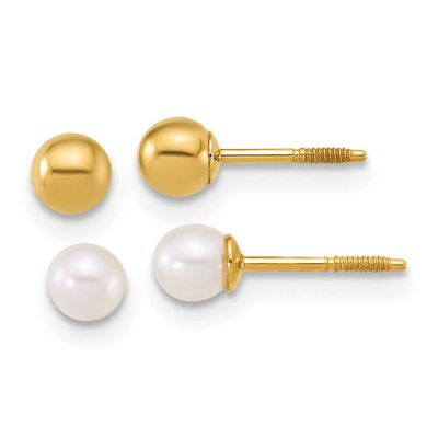 Ball and 3-4mm Fwc Pearl Screwback Set of 2 Earrings 14k Gold Polished, MPN: YE2269SET, UPC: