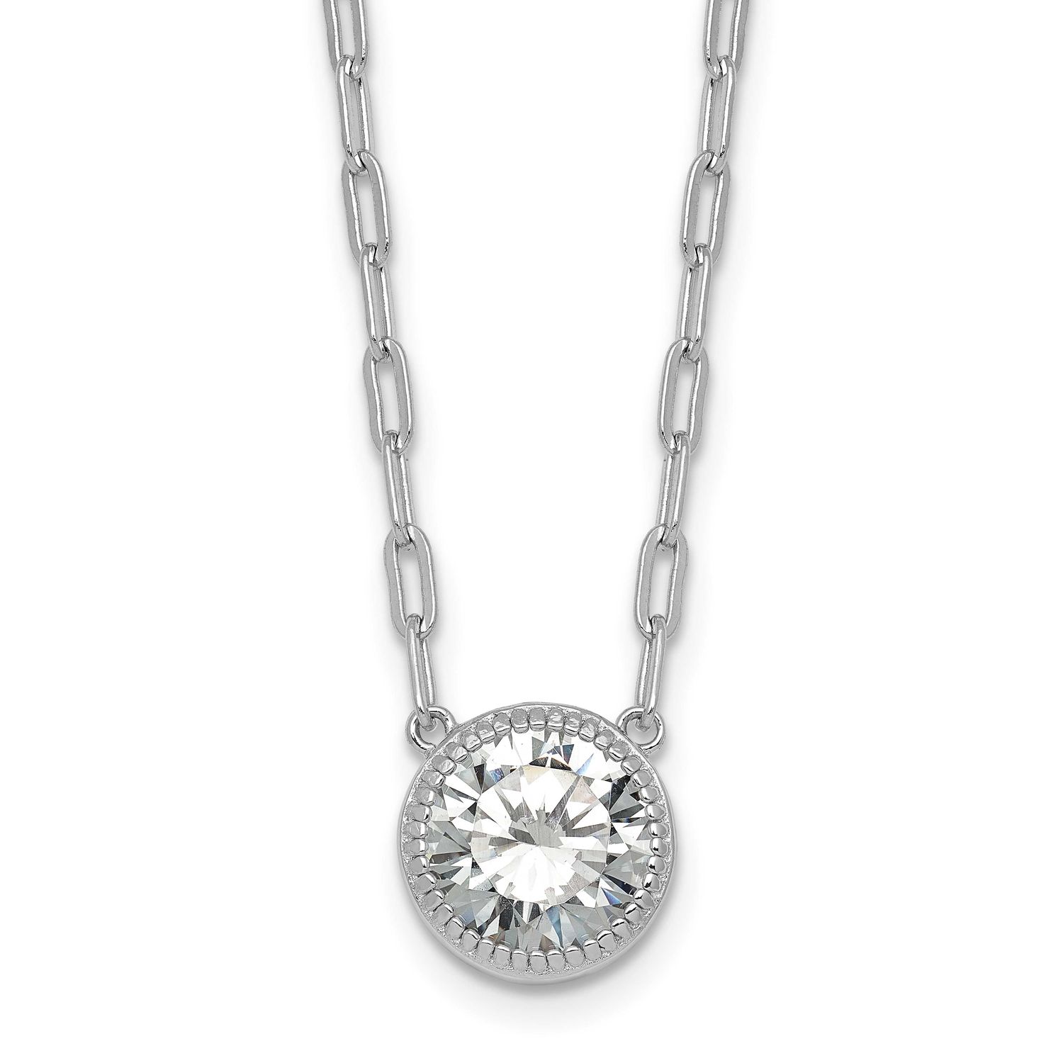 Polished Round CZ with Paperclip Chain 16 Inch with 2 Inch Extension Necklace 16 Inch Sterling Silv…