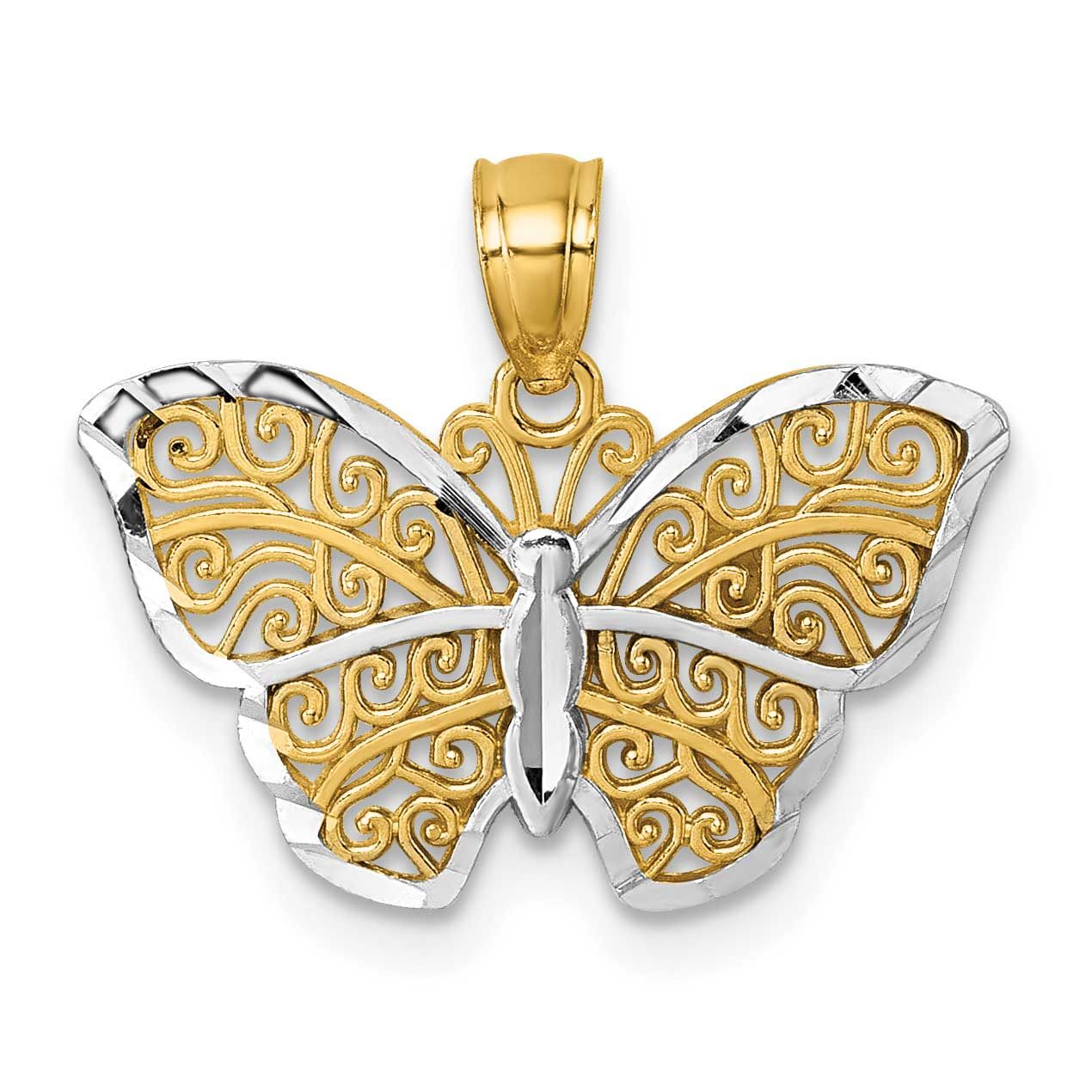 Rhodium Diamond-Cut Filigree Butterfly Pendant 14k Gold Polished, MPN: K10029, UPC: