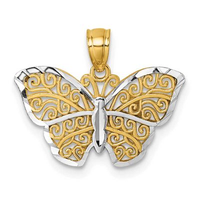 Rhodium Diamond-Cut Filigree Butterfly Pendant 14k Gold Polished, MPN: K10029, UPC: