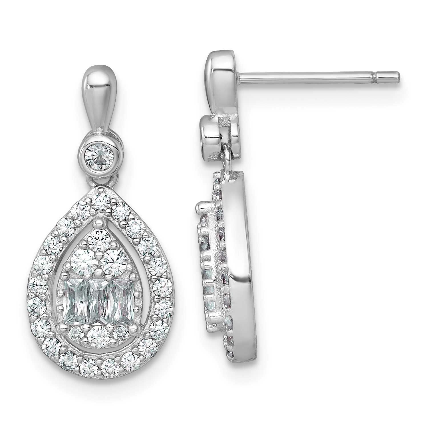 Fancy CZ Teardrop Post Dangle Earrings Sterling Silver Rhodium-Plated Polished, MPN: QE17807, UPC: