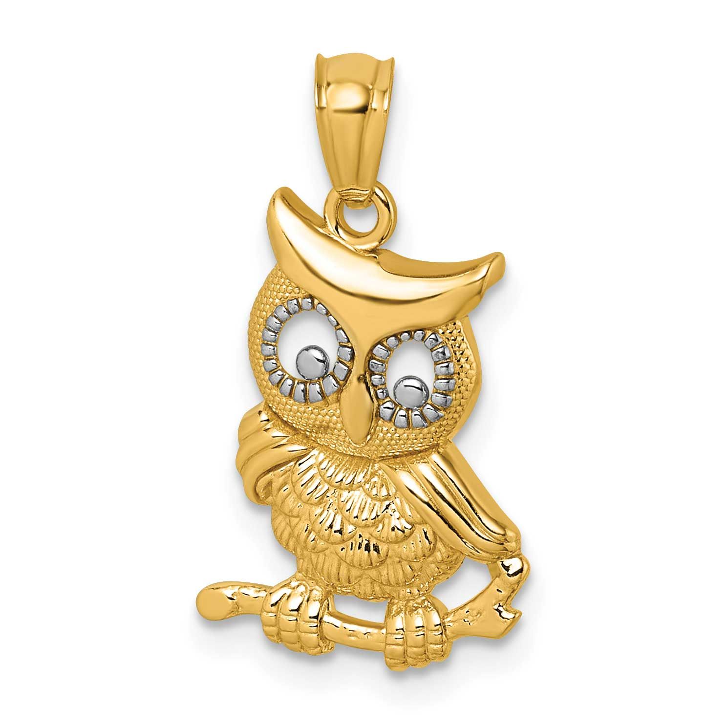 Rhodium Polished Textured Owl Pendant 14k Gold, MPN: K10055, UPC: