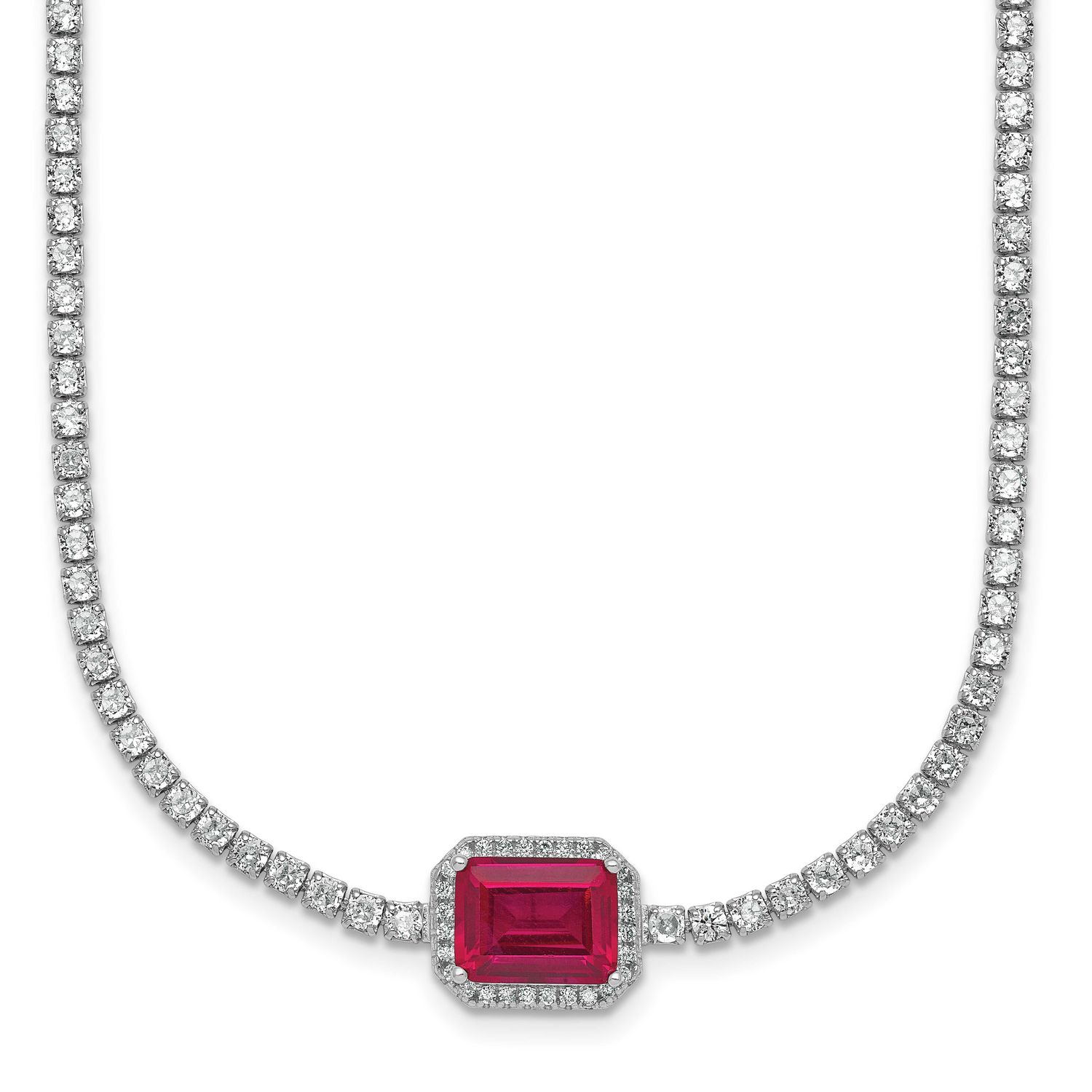 Red and White CZ 16 Inch with 2 Inch Extension Tennis Necklace Sterling Silver Rhodium-Plated, MPN:…