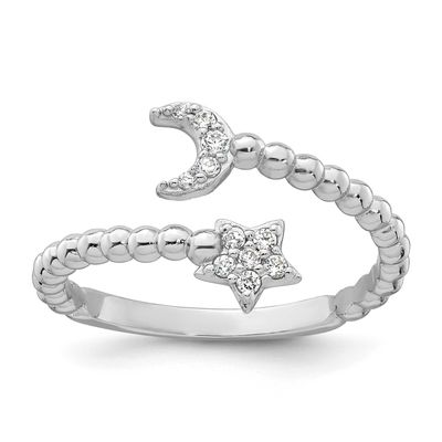 Beaded Adjustable CZ Moon Star Ring Sterling Silver Rhodium-Plated Polished, MPN: QR7701, UPC: