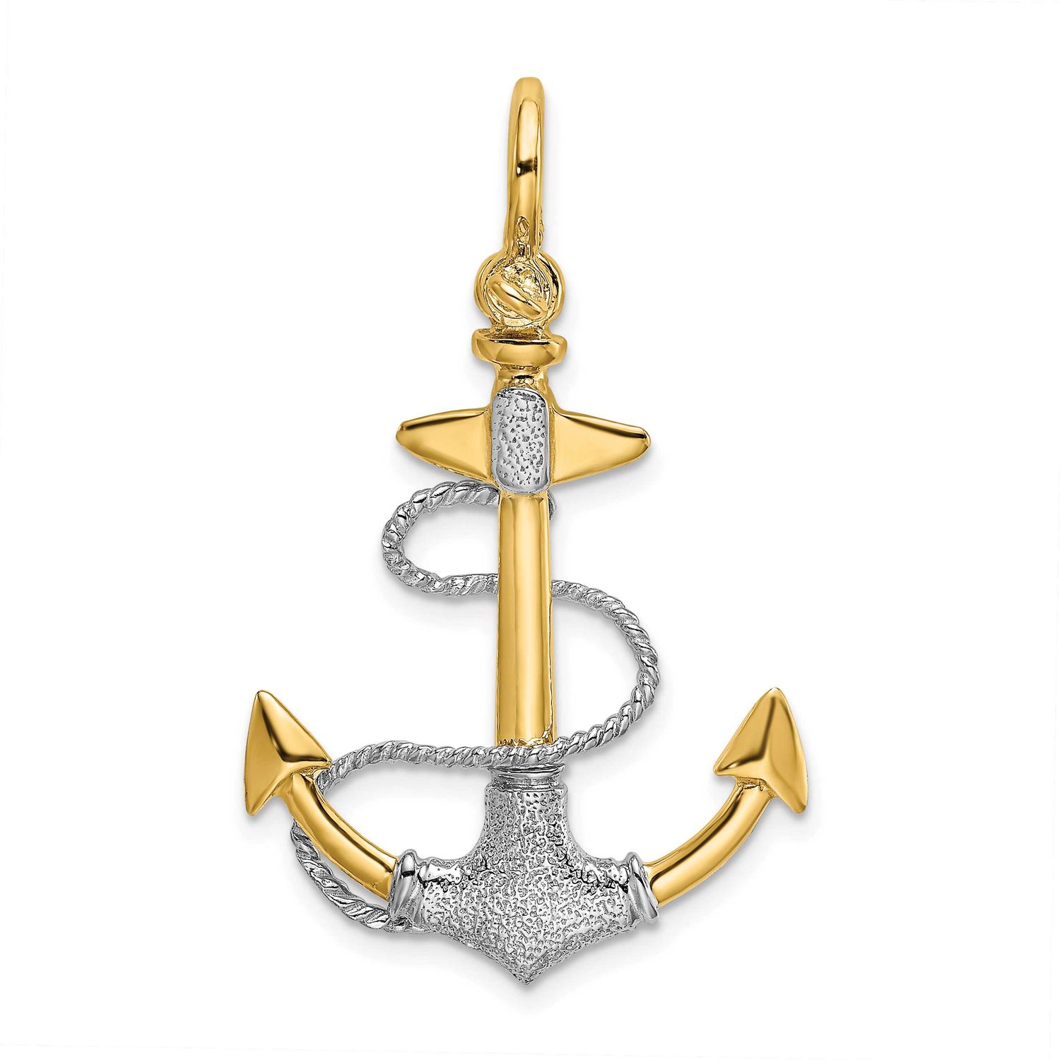 3-D Textured Anchor with Rope with Shackle Bail Charm 14k Two Tone Gold, MPN: K9027, UPC: 637218185…