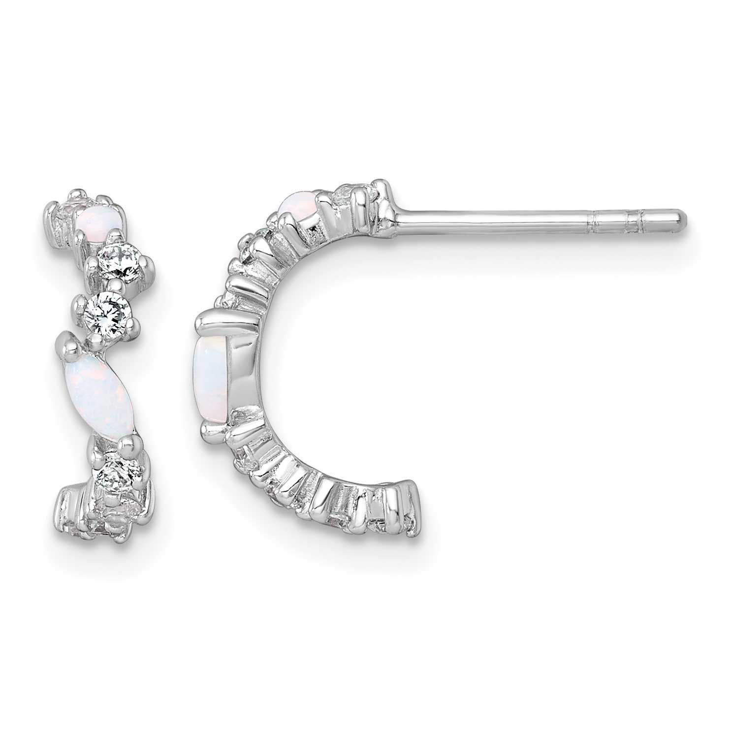 CZ and Lab Created Opal Post C-Hoop Earrings Sterling Silver Rhodium-Plated Polished, MPN: QE18083,…