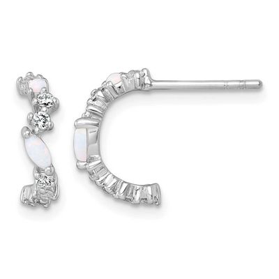 CZ and Lab Created Opal Post C-Hoop Earrings Sterling Silver Rhodium-Plated Polished, MPN: QE18083,…