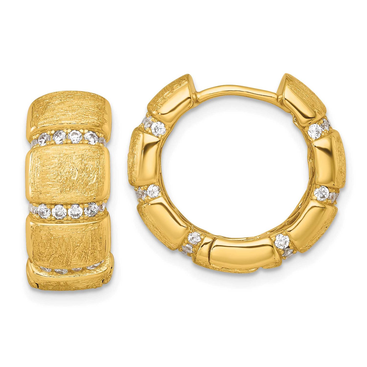 Polish Textured CZ 8mm Hinged Hoop Earrings Sterling Silver Gold-Tone, MPN: QE18136GP, UPC: