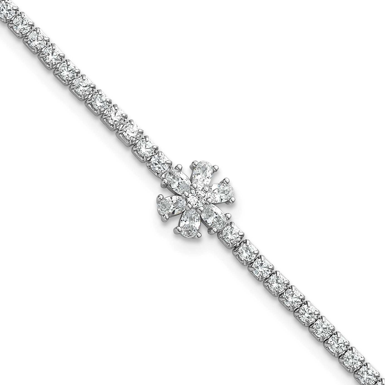 Polished CZ Flower Tennis Bracelet Sterling Silver Rhodium-Plated, MPN: QG6844-7.25, UPC: