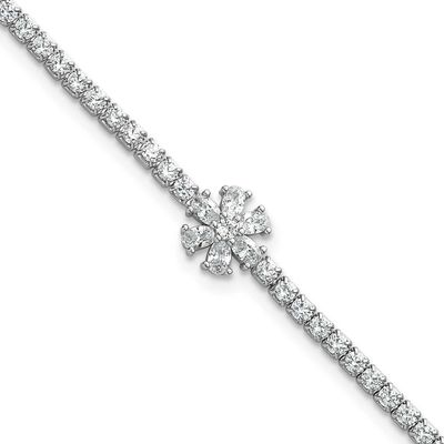 Polished CZ Flower Tennis Bracelet Sterling Silver Rhodium-Plated, MPN: QG6844-7.25, UPC: