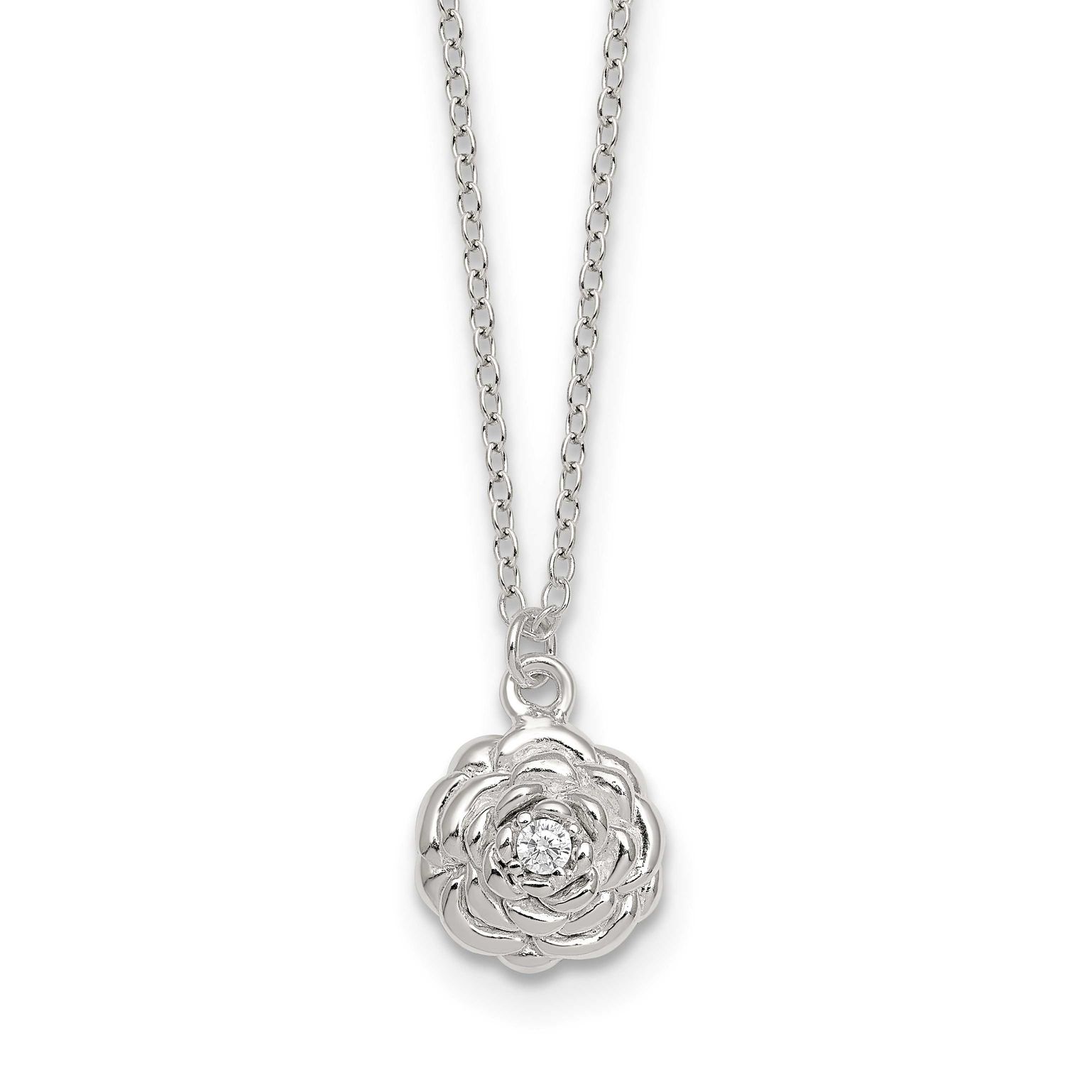 CZ Flower 16 Inch with 2 Inch Extension Necklace Sterling Silver Polished, MPN: QG7090-16, UPC: