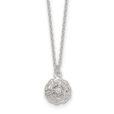 CZ Flower 16 Inch with 2 Inch Extension Necklace Sterling Silver Polished, MPN: QG7090-16, UPC: