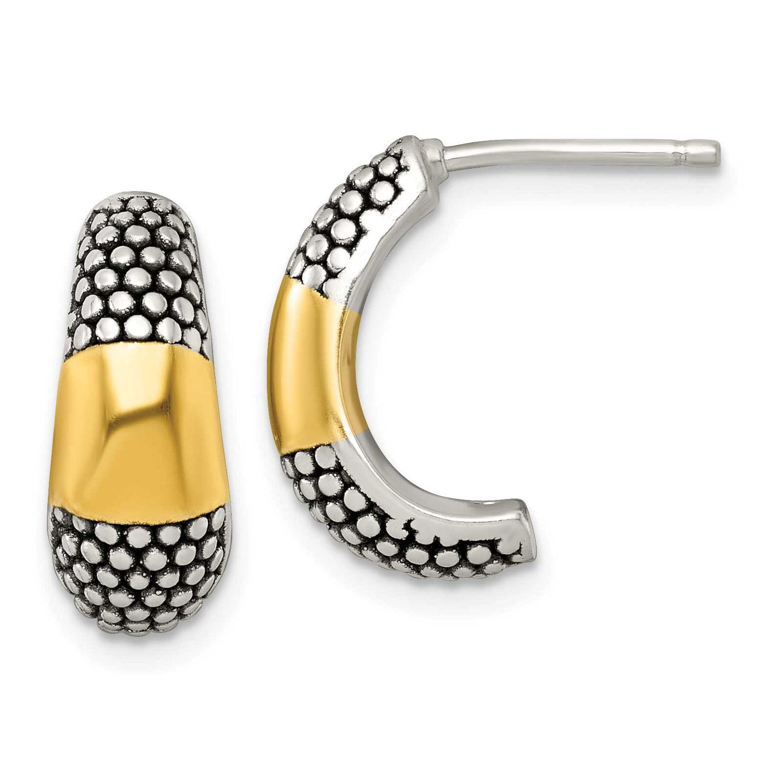 Gold-Tone Polished Antiqued Textured Post J-Hoop Earrings Sterling Silver, MPN: QE17976, UPC: