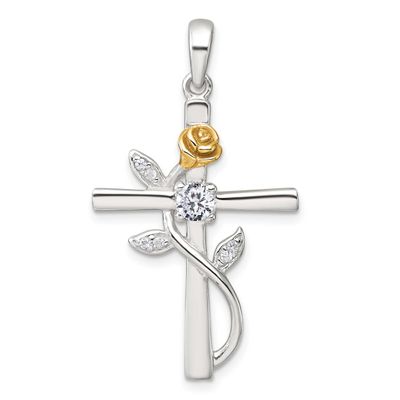 CZ Cross with Rose Pendant Sterling Silver Gold-Tone, MPN: QC11630, UPC: