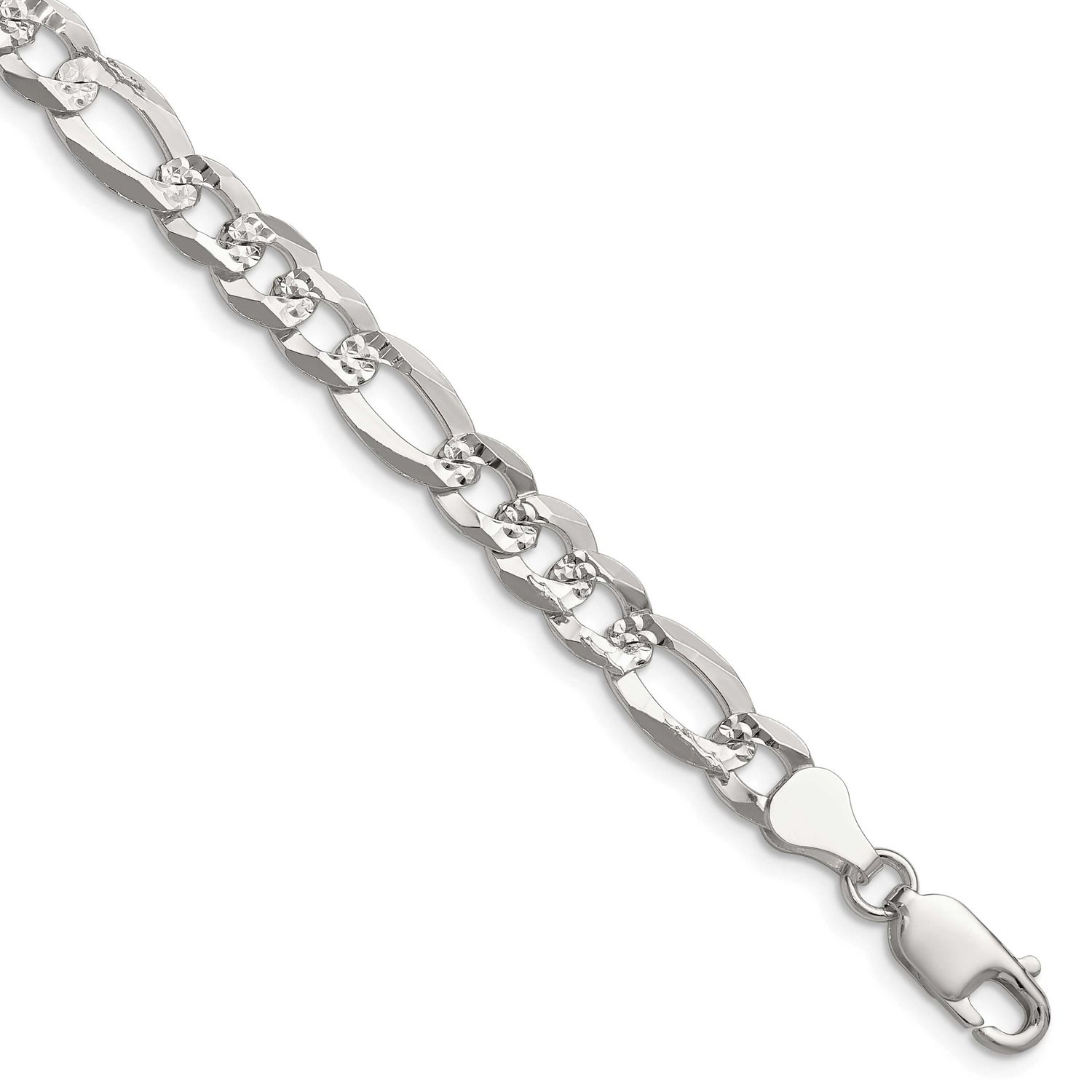 7.0mm Flat Diamond-cut Pave Figaro Chain 7 Inch Sterling Silver, MPN: QPF160-7, UPC: