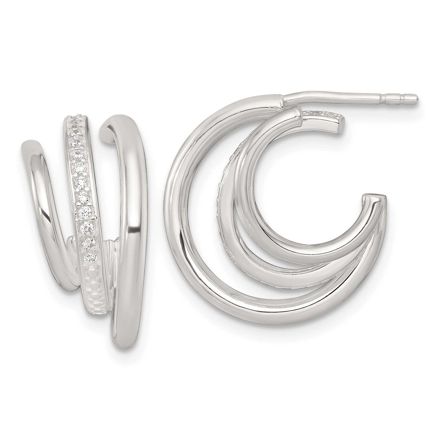 CZ 3-Row Post C-Hoop Earrings Sterling Silver Polished, MPN: QE18095, UPC: