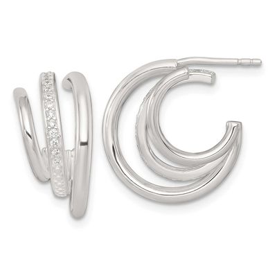 CZ 3-Row Post C-Hoop Earrings Sterling Silver Polished, MPN: QE18095, UPC: