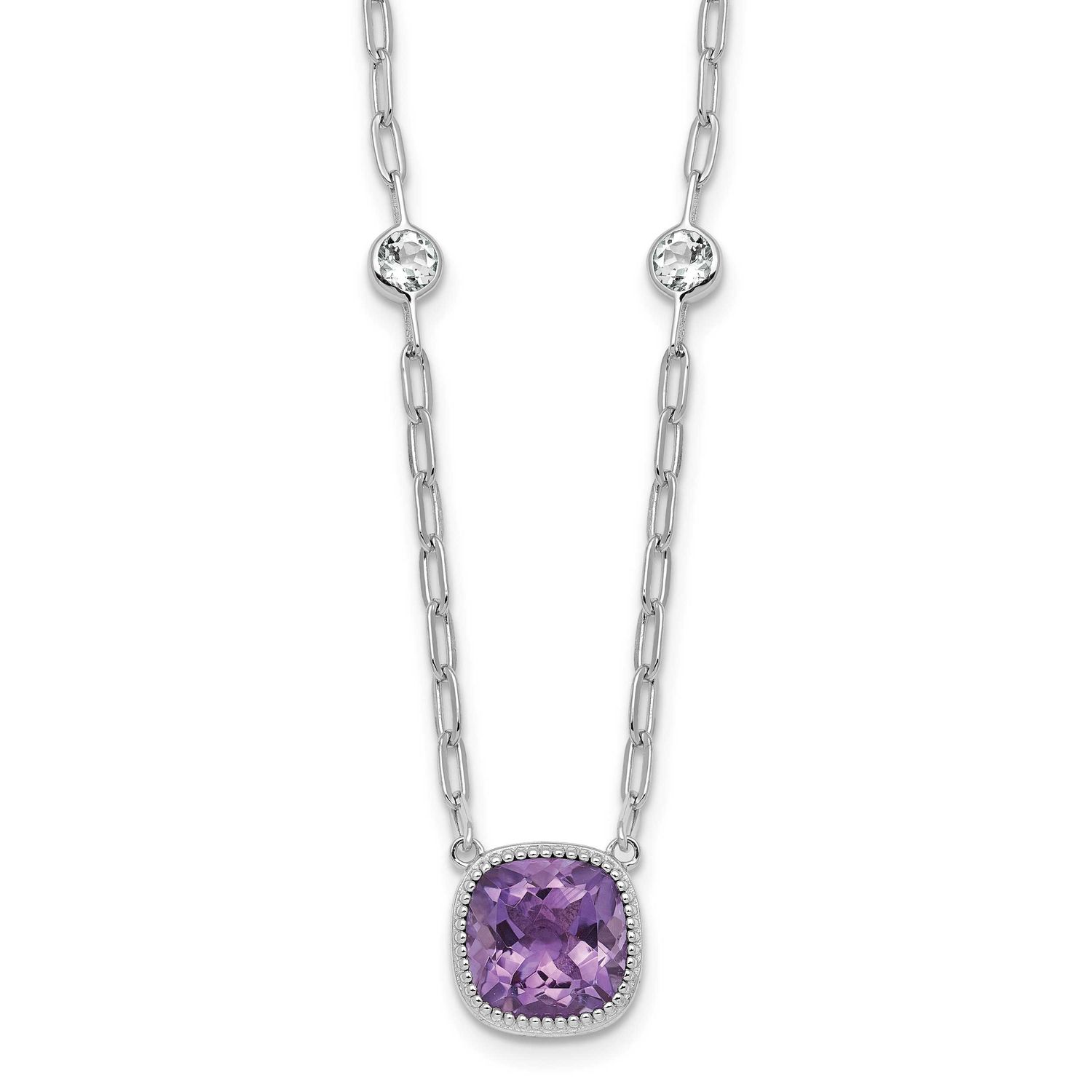 Polished Cushion Amethyst and White Topaz 16 Inch with 2 Inch Extension Necklace Sterling Silver Rh…