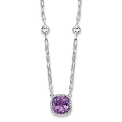 Polished Cushion Amethyst and White Topaz 16 Inch with 2 Inch Extension Necklace Sterling Silver Rh…