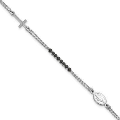 Polished Blk CZ with 1.25 Inch Extender Religious Bracelet Sterling Silver Rhodium-Plated, MPN: QH5…