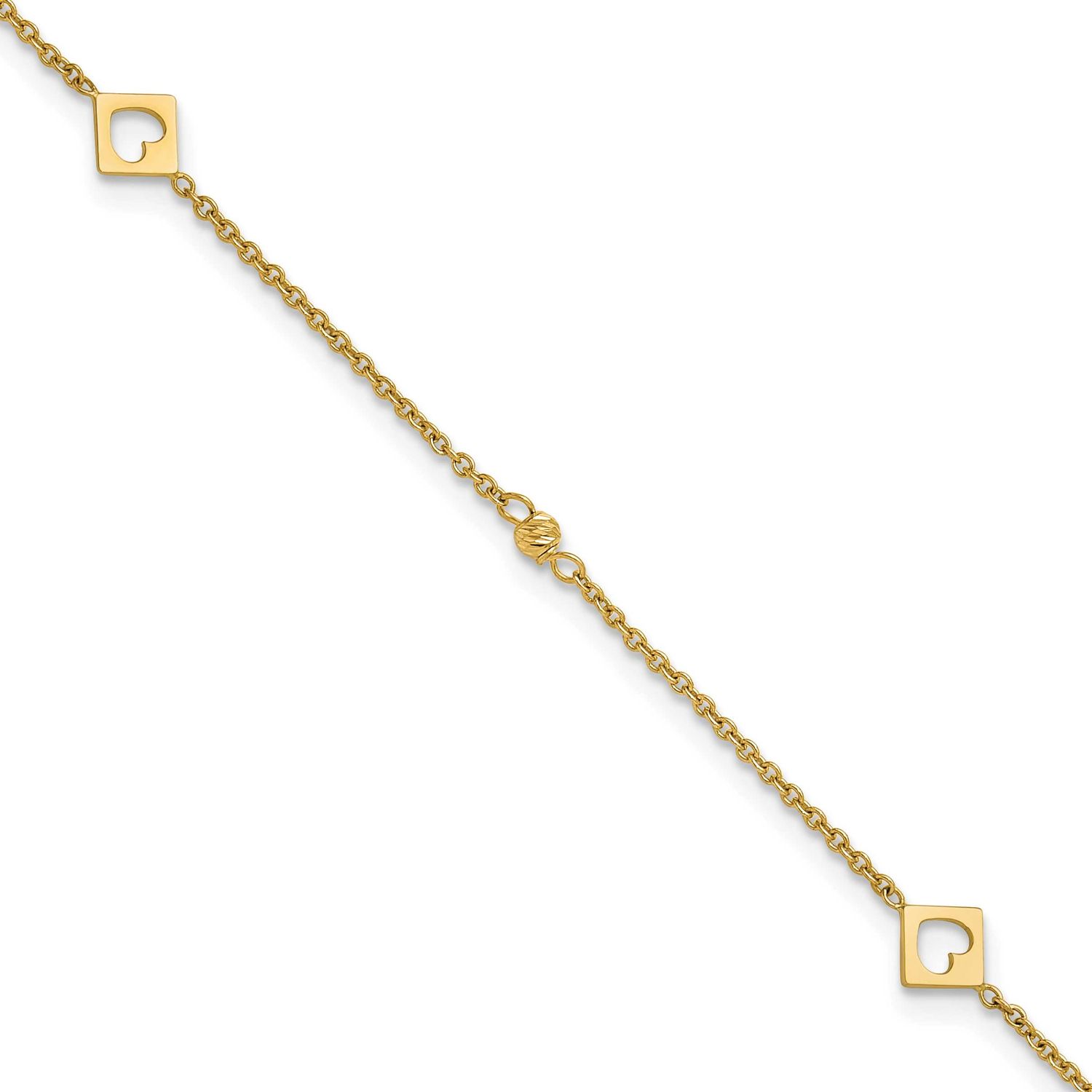 Link Hearts and Diamond-cut Beads 9 Inch Plus 1 Inch Extension Anklet 14k Gold, MPN: ANK356-9, UPC: