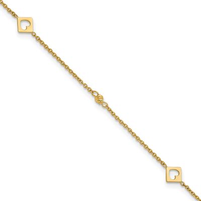 Link Hearts and Diamond-cut Beads 9 Inch Plus 1 Inch Extension Anklet 14k Gold, MPN: ANK356-9, UPC: