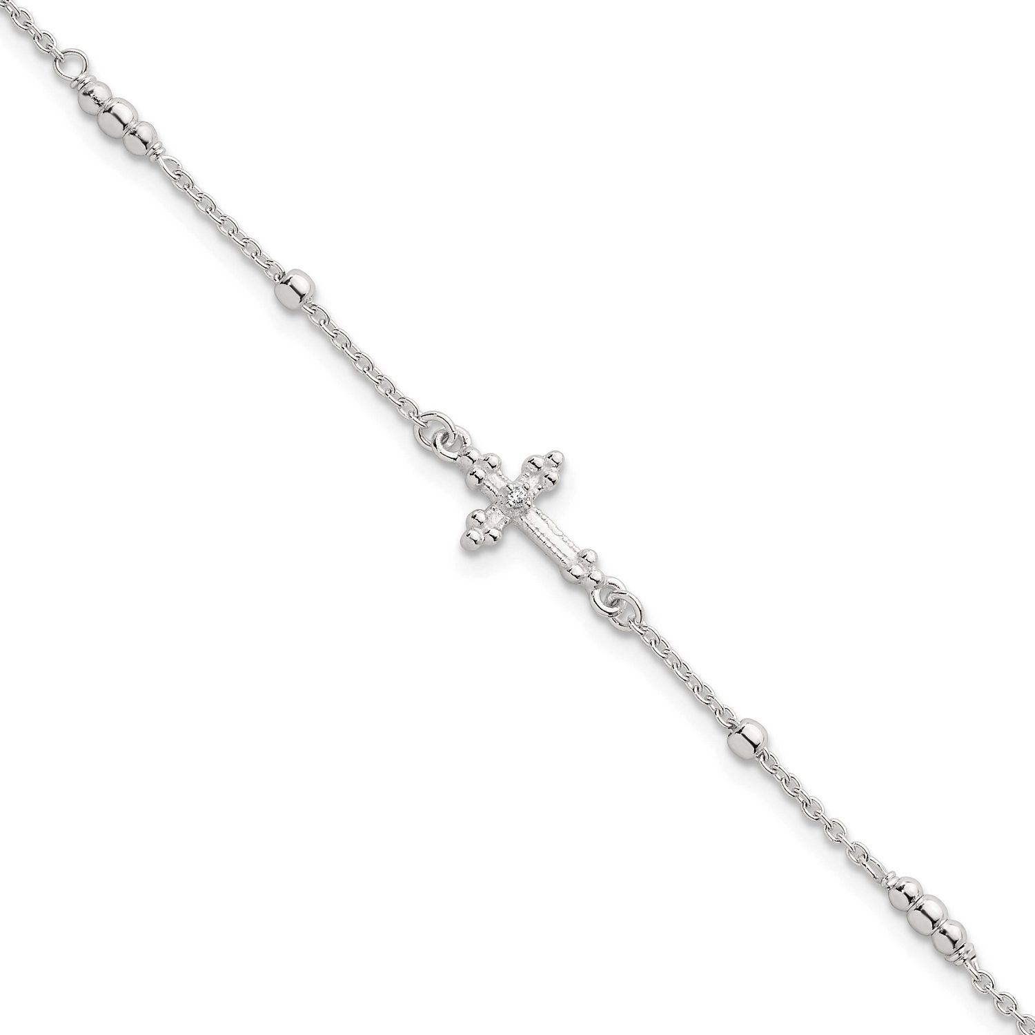 Beaded CZ Cross with 1 Inch Extension Bracelet Sterling Silver Polished, MPN: QG7122-7, UPC: