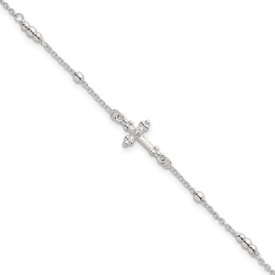 Beaded CZ Cross with 1 Inch Extension Bracelet Sterling Silver Polished, MPN: QG7122-7, UPC: