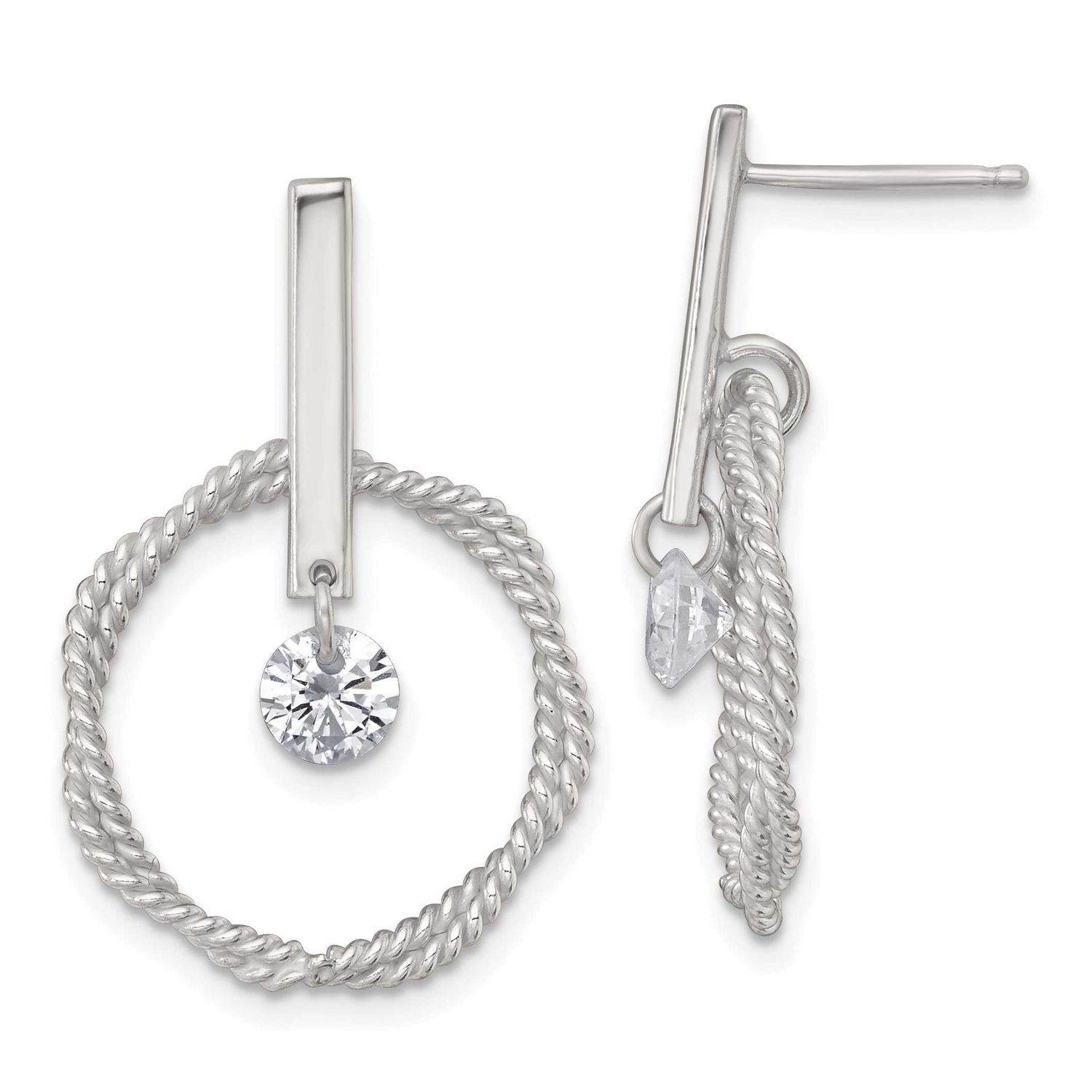 Twisted CZ Circle Post Dangle Earrings Sterling Silver Polished, MPN: QE18008, UPC: