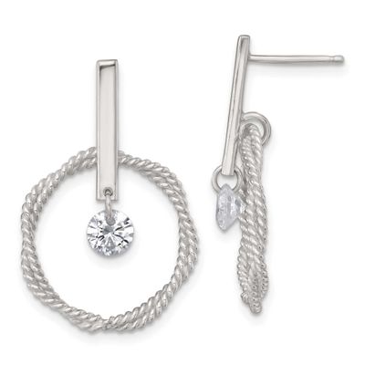 Twisted CZ Circle Post Dangle Earrings Sterling Silver Polished, MPN: QE18008, UPC: