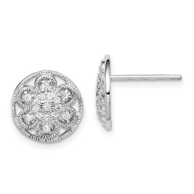 CZ Textured Flower Post Earrings Sterling Silver Rhodium-Plated, MPN: QE12279, UPC: 883957750163