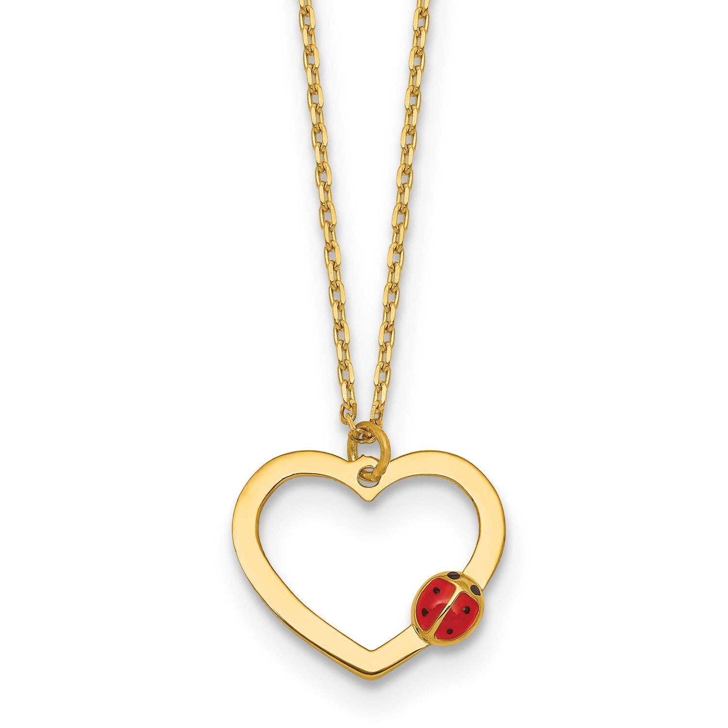 Heart with Enamel Ladybug with .75 Inch Extension Children&#39;s Necklace 14k Gold Polished, MPN: SF329…
