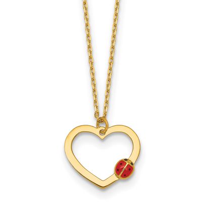 Heart with Enamel Ladybug with .75 Inch Extension Children&#39;s Necklace 14k Gold Polished, MPN: SF329…