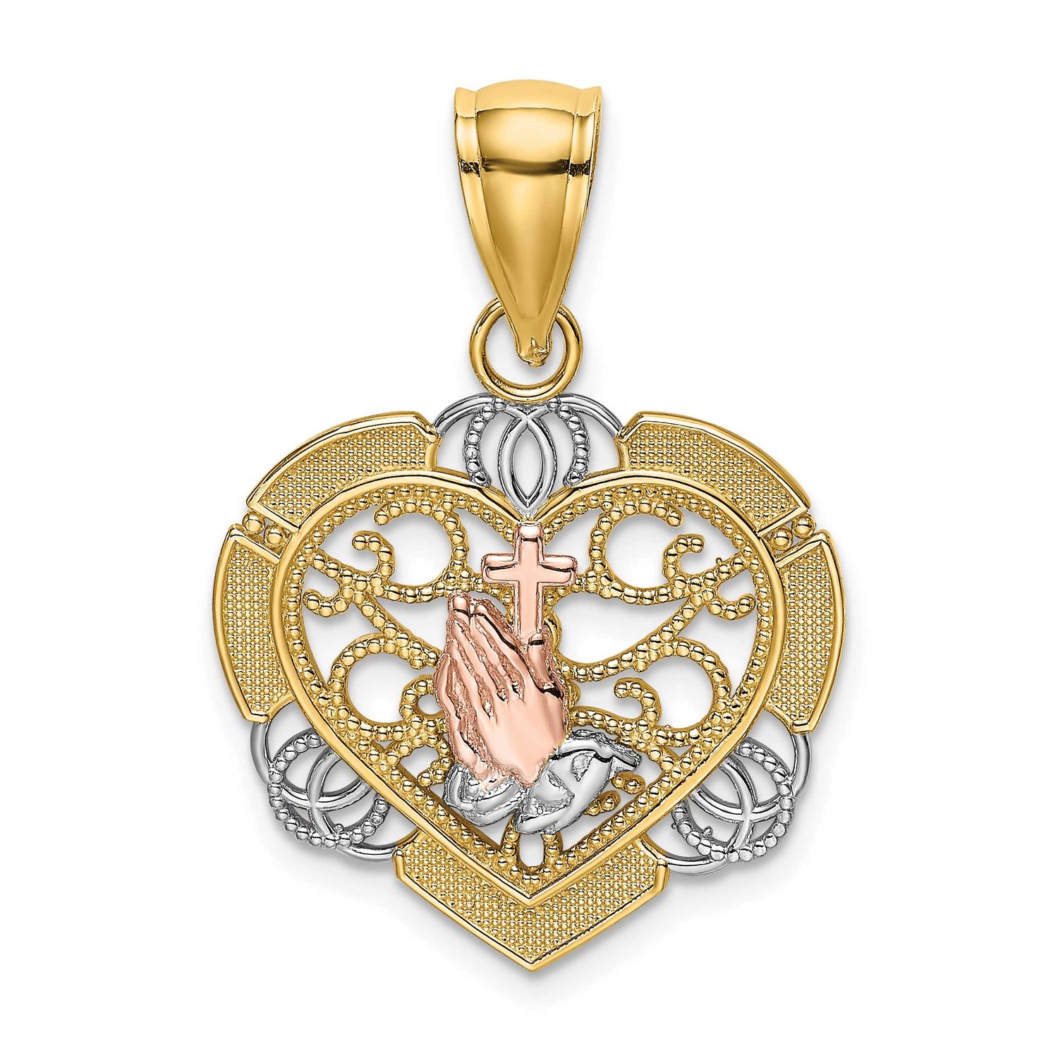 White Rhod Praying Hands and Cross Heart Charm 14k Two Tone Gold, MPN: K9208, UPC: 637218083725