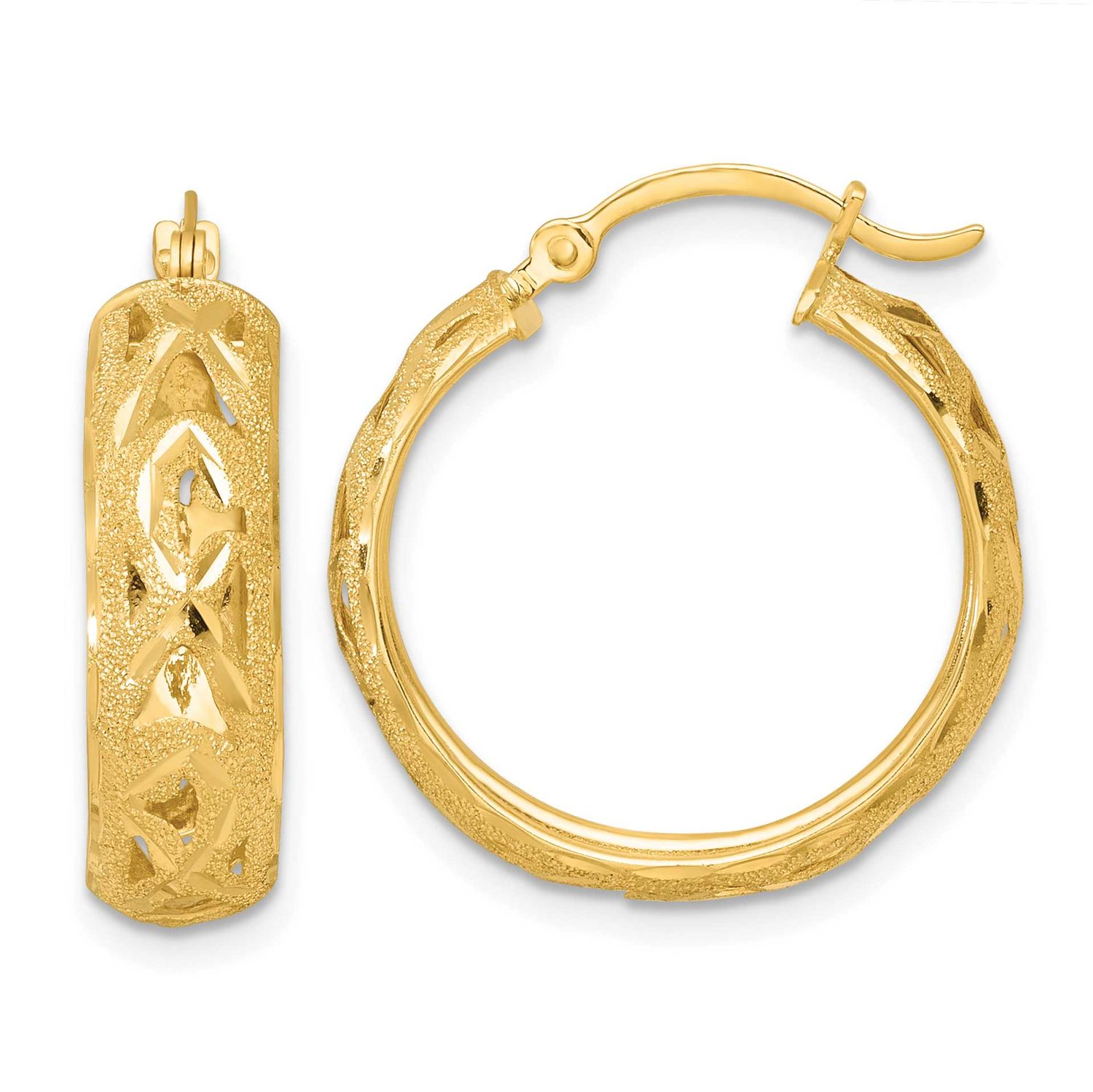 Laser &amp; Diamond-cut 6.15mm Fancy Design Round Hoop Earrings 14k Gold Polished, MPN: TF2407, UPC: