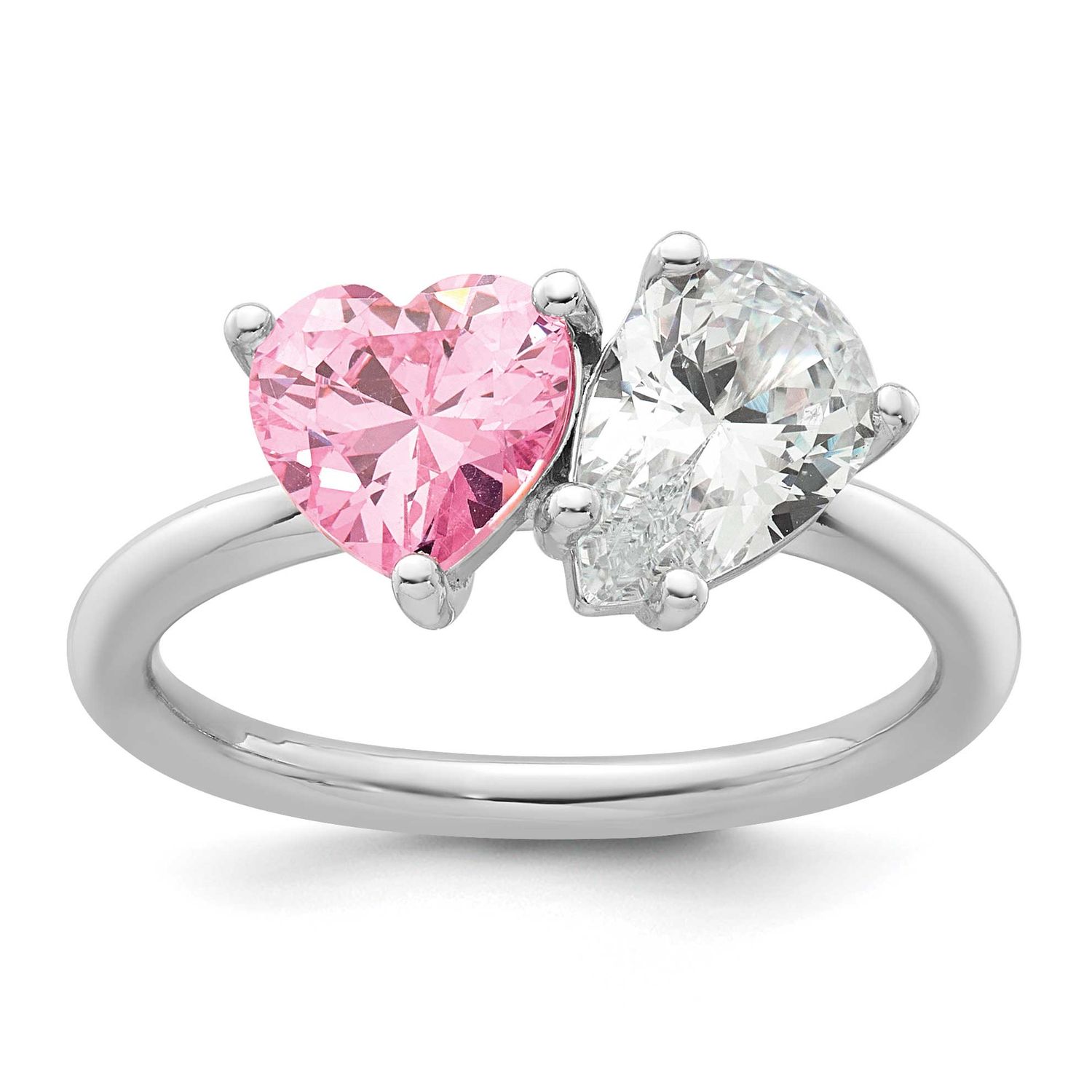Pink White Heart and Pear-Shaped CZ Ring Sterling Silver Rhodium-Plated Polished, MPN: QR7686, UPC: